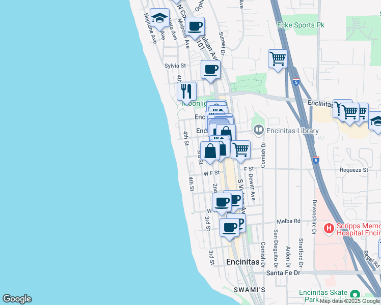 map of restaurants, bars, coffee shops, grocery stores, and more near 559 4th Street in Encinitas