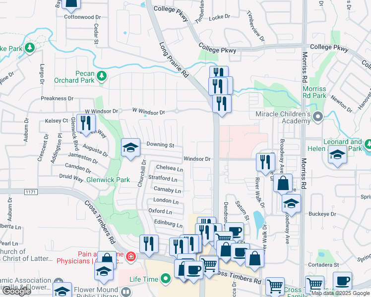 map of restaurants, bars, coffee shops, grocery stores, and more near 4212 Thames Court in Flower Mound