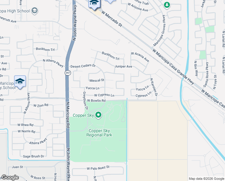 map of restaurants, bars, coffee shops, grocery stores, and more near 44020 Yucca Lane in Maricopa