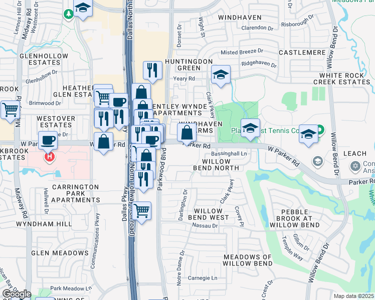map of restaurants, bars, coffee shops, grocery stores, and more near 5930 West Parker Road in Plano