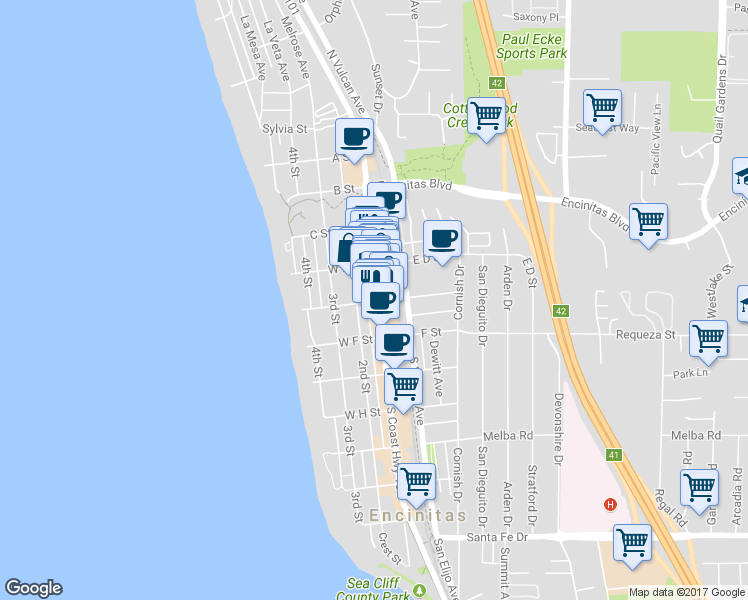 map of restaurants, bars, coffee shops, grocery stores, and more near 150 West E Street in Encinitas