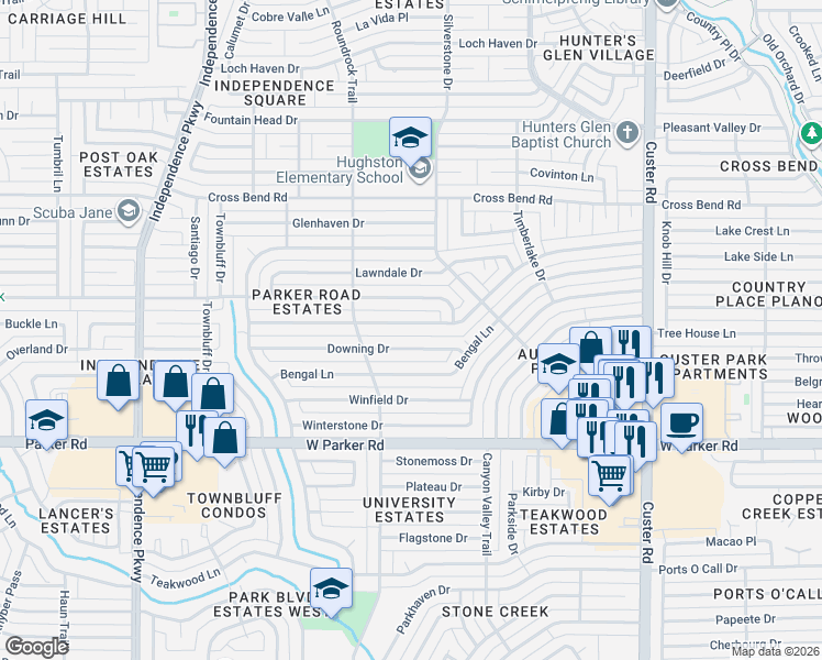 map of restaurants, bars, coffee shops, grocery stores, and more near 2525 Glen Forest Lane in Plano