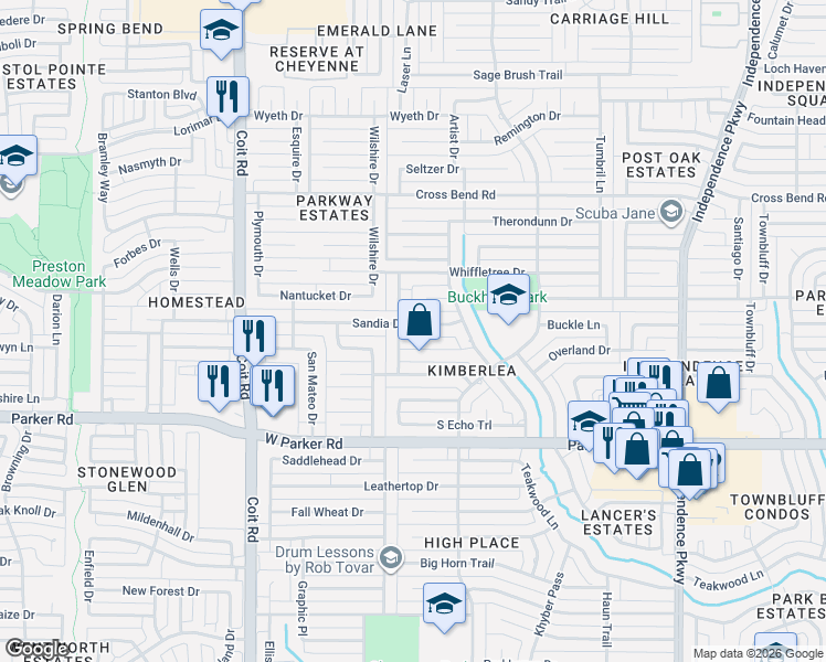 map of restaurants, bars, coffee shops, grocery stores, and more near 3621 Sandia Drive in Plano