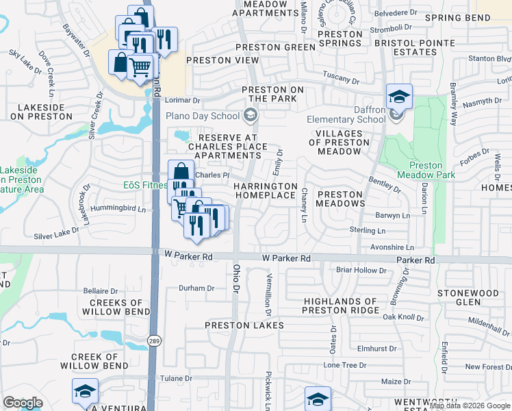 map of restaurants, bars, coffee shops, grocery stores, and more near 3509 Emily Drive in Plano
