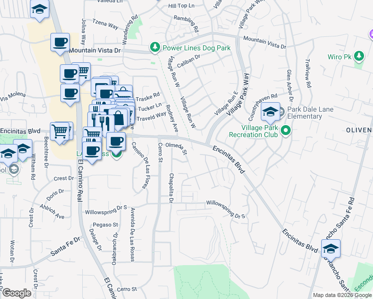 map of restaurants, bars, coffee shops, grocery stores, and more near 1656 Olmeda Street in Encinitas