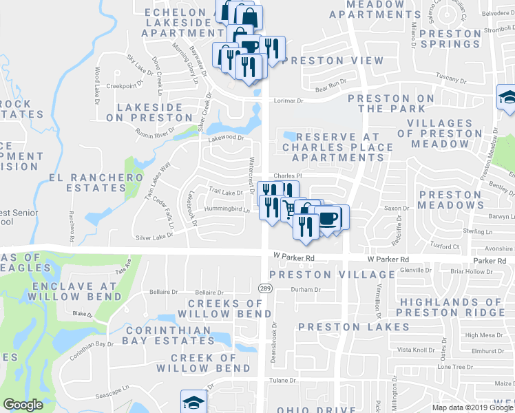 map of restaurants, bars, coffee shops, grocery stores, and more near 3500 Watercrest Drive in Plano