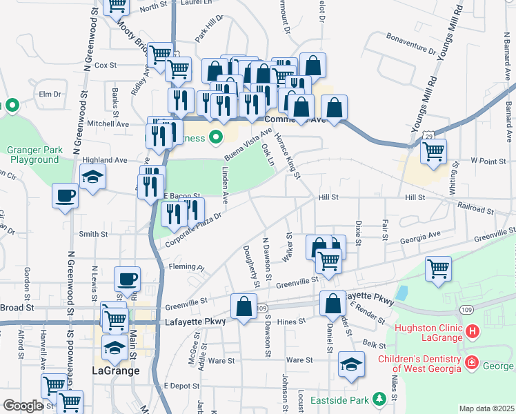 map of restaurants, bars, coffee shops, grocery stores, and more near 406 East Bacon Street in LaGrange