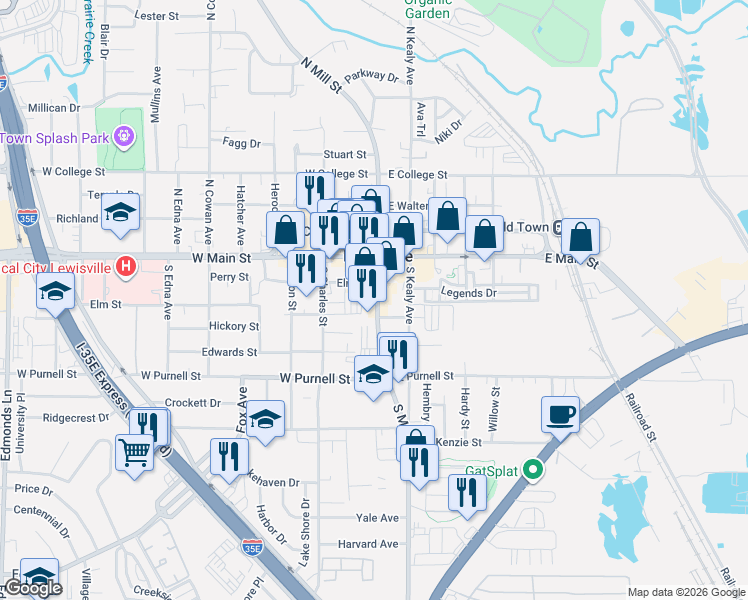 map of restaurants, bars, coffee shops, grocery stores, and more near 201 South Mill Street in Lewisville
