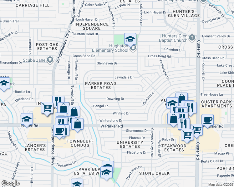 map of restaurants, bars, coffee shops, grocery stores, and more near 2621 Glen Forest Lane in Plano