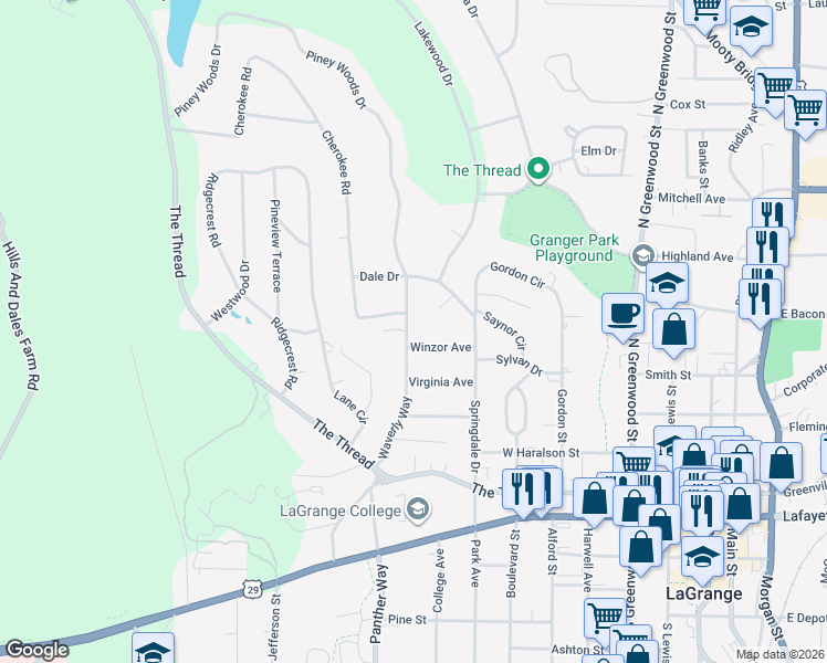 map of restaurants, bars, coffee shops, grocery stores, and more near 402 Waverly Way in LaGrange