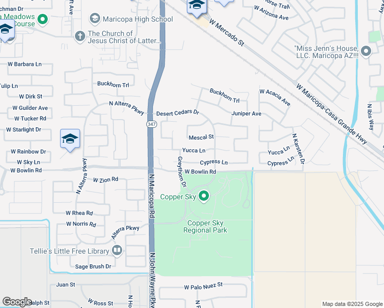 map of restaurants, bars, coffee shops, grocery stores, and more near 44369 Yucca Lane in Maricopa