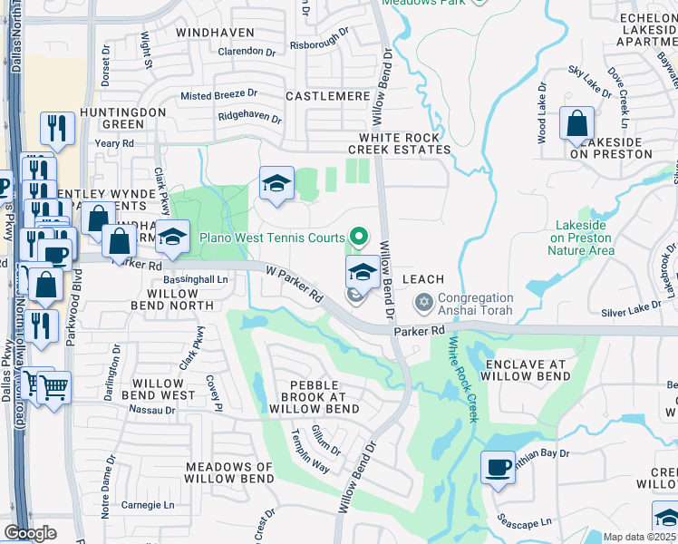 map of restaurants, bars, coffee shops, grocery stores, and more near 5601 West Parker Road in Plano