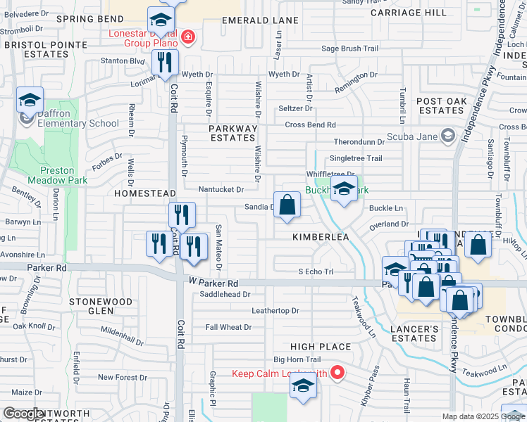 map of restaurants, bars, coffee shops, grocery stores, and more near 3708 Sandia Drive in Plano
