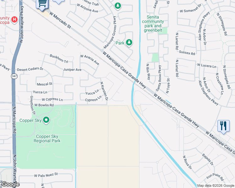 map of restaurants, bars, coffee shops, grocery stores, and more near 43356 West Drake Court in Maricopa