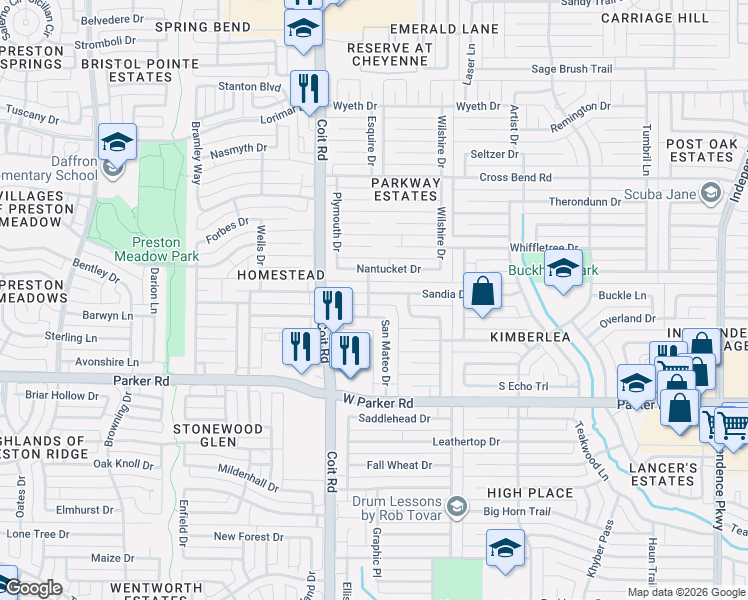 map of restaurants, bars, coffee shops, grocery stores, and more near 3820 Sandia Dr in Plano