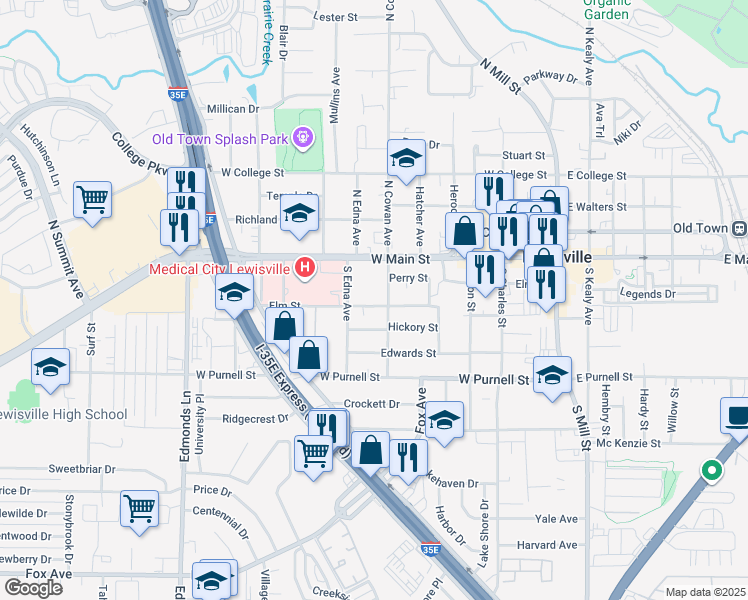 map of restaurants, bars, coffee shops, grocery stores, and more near 423 Elm Street in Lewisville