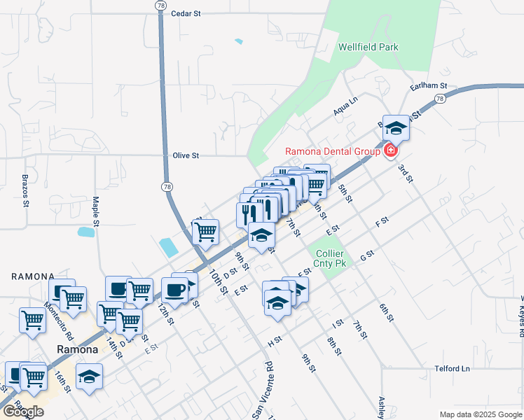 map of restaurants, bars, coffee shops, grocery stores, and more near in Ramona
