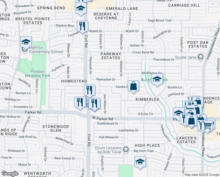 map of restaurants, bars, coffee shops, grocery stores, and more near 3728 Sandia Drive in Plano