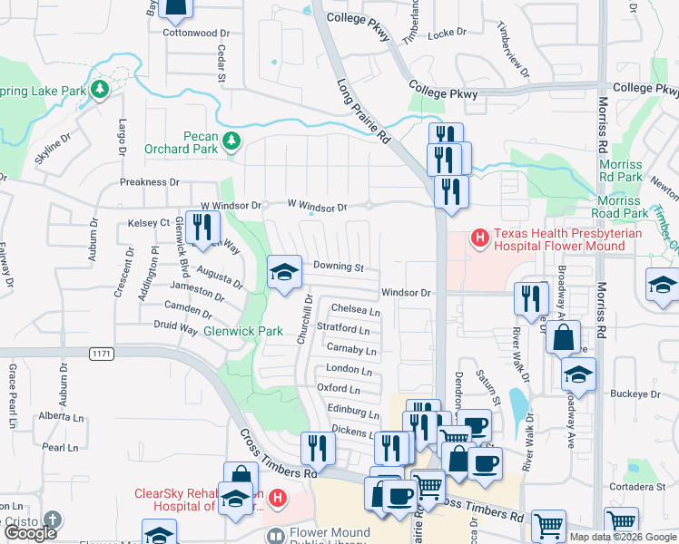 map of restaurants, bars, coffee shops, grocery stores, and more near 2909 Downing Street in Flower Mound