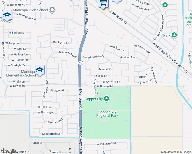 map of restaurants, bars, coffee shops, grocery stores, and more near 44479 Yucca Lane in Maricopa