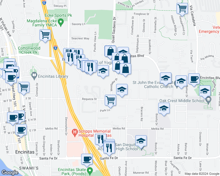 map of restaurants, bars, coffee shops, grocery stores, and more near 650 Westlake Street in Encinitas