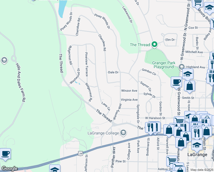 map of restaurants, bars, coffee shops, grocery stores, and more near 509 Cherokee Road in LaGrange