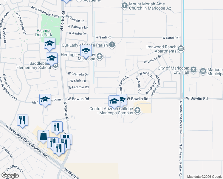 map of restaurants, bars, coffee shops, grocery stores, and more near 40839 West Tamara Lane in Maricopa