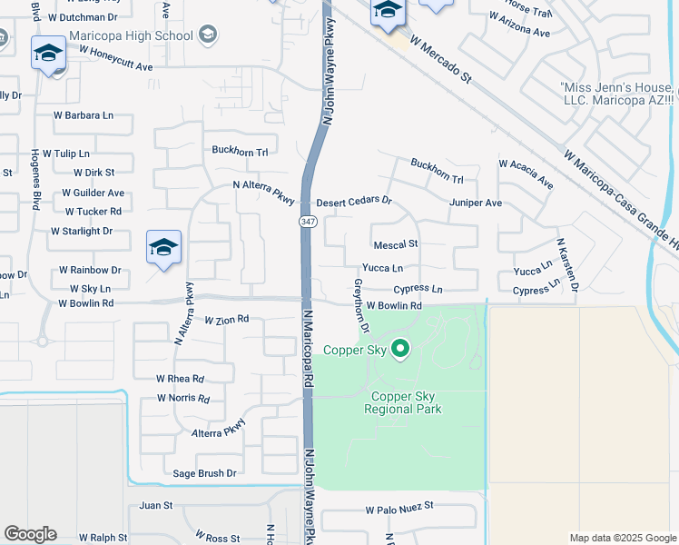 map of restaurants, bars, coffee shops, grocery stores, and more near 44612 Yucca Lane in Maricopa