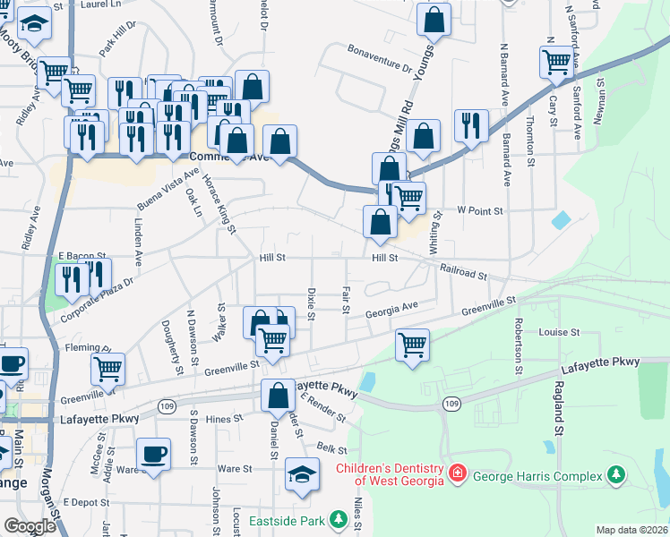 map of restaurants, bars, coffee shops, grocery stores, and more near 714 Hill Street in LaGrange