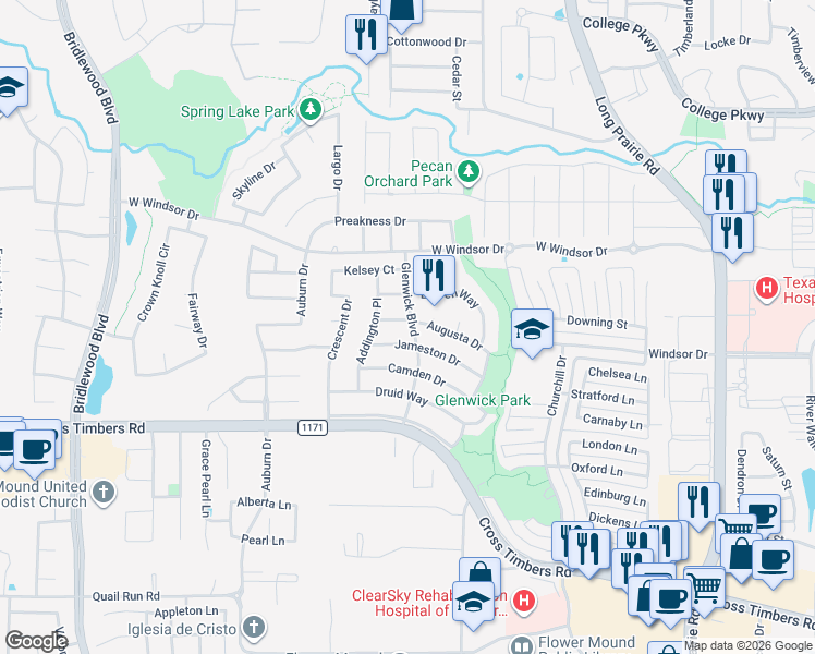 map of restaurants, bars, coffee shops, grocery stores, and more near 3401 Augusta Drive in Flower Mound