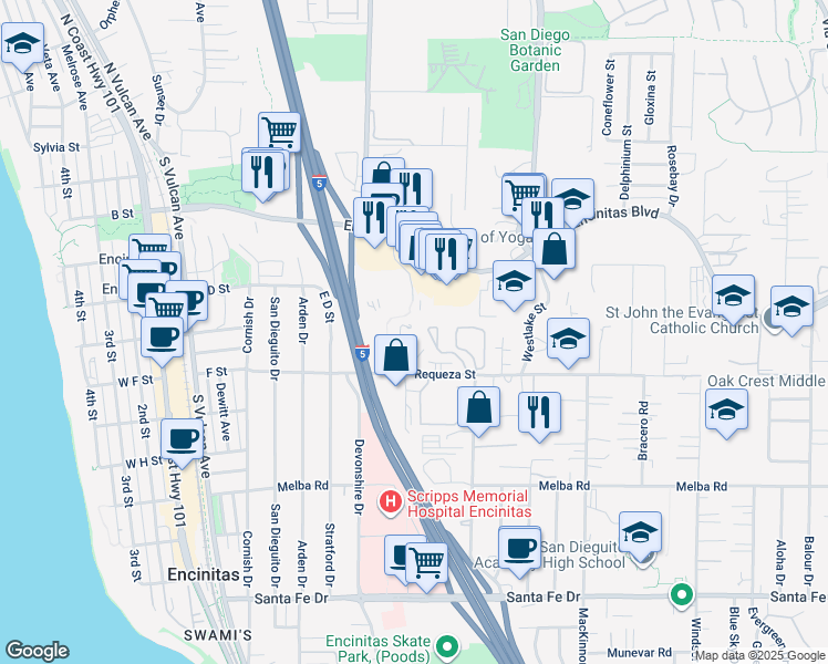 map of restaurants, bars, coffee shops, grocery stores, and more near 501 Beach Street in Encinitas