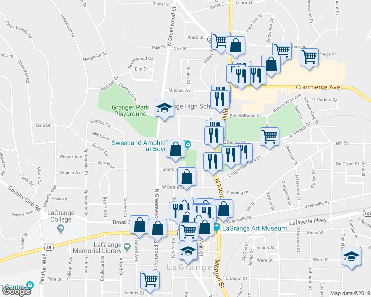 map of restaurants, bars, coffee shops, grocery stores, and more near 112 West Bacon Street in LaGrange