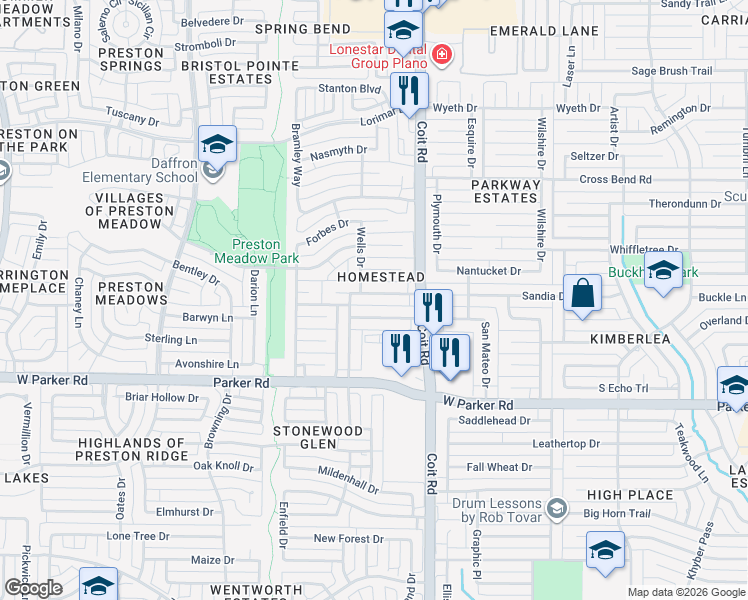map of restaurants, bars, coffee shops, grocery stores, and more near 4100 Mcclary Drive in Plano