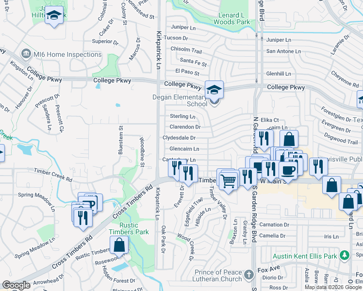 map of restaurants, bars, coffee shops, grocery stores, and more near 1749 Glencairn Lane in Lewisville
