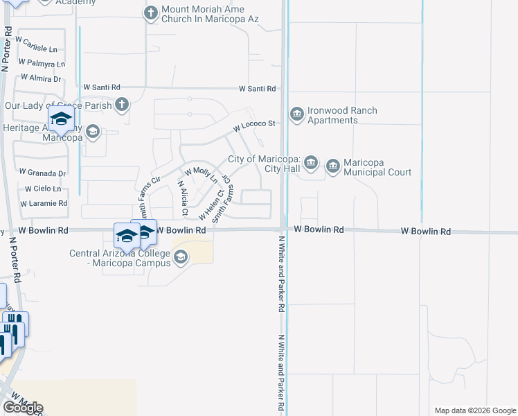 map of restaurants, bars, coffee shops, grocery stores, and more near 39987 West Tamara Lane in Maricopa