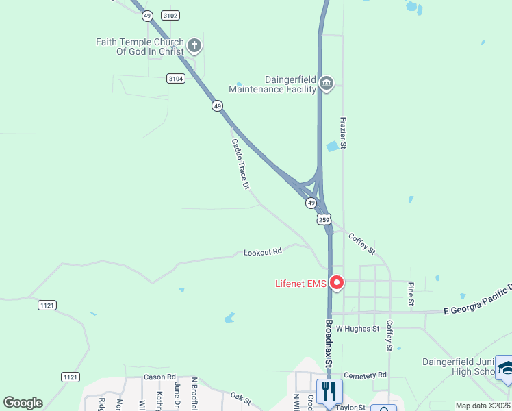 map of restaurants, bars, coffee shops, grocery stores, and more near Heritage Hills Drive in Daingerfield