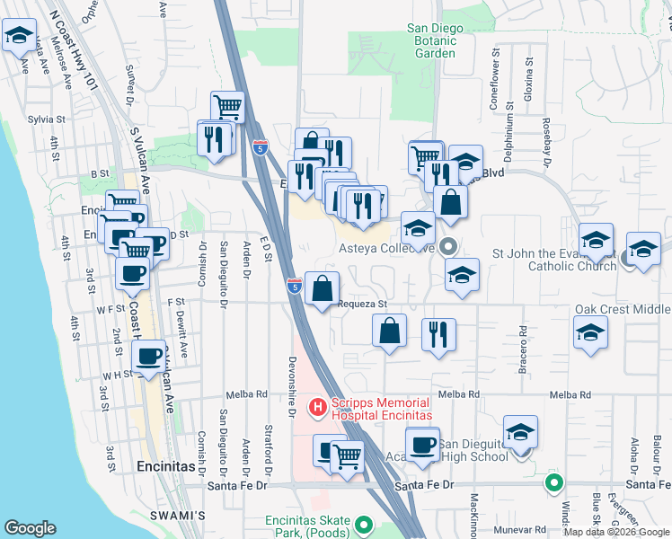 map of restaurants, bars, coffee shops, grocery stores, and more near 501 Beach Street in Encinitas