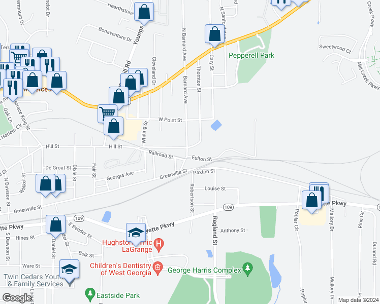 map of restaurants, bars, coffee shops, grocery stores, and more near 1 Barnard Avenue in LaGrange
