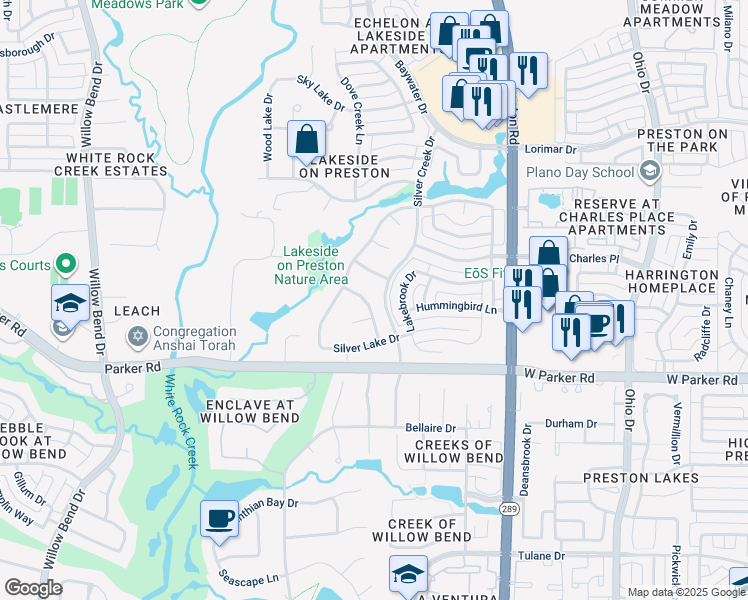 map of restaurants, bars, coffee shops, grocery stores, and more near 3504 Cedar Falls Lane in Plano