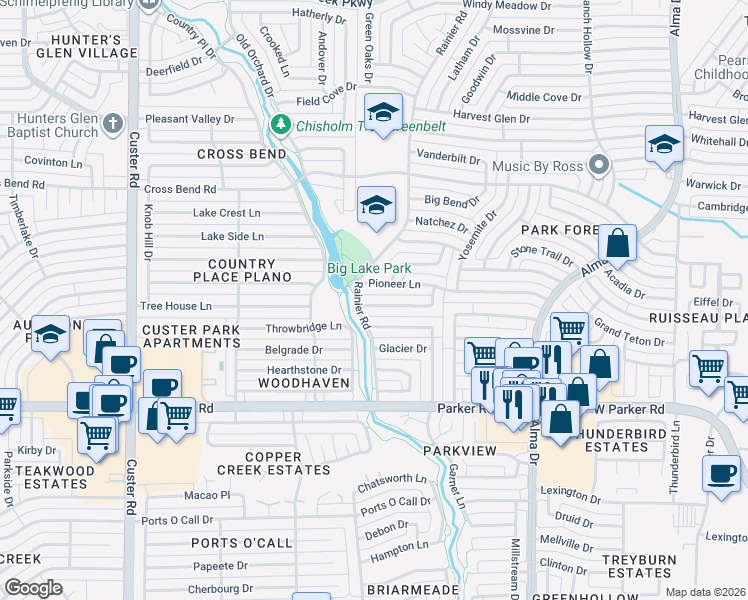 map of restaurants, bars, coffee shops, grocery stores, and more near 1459 Waterton Drive in Plano