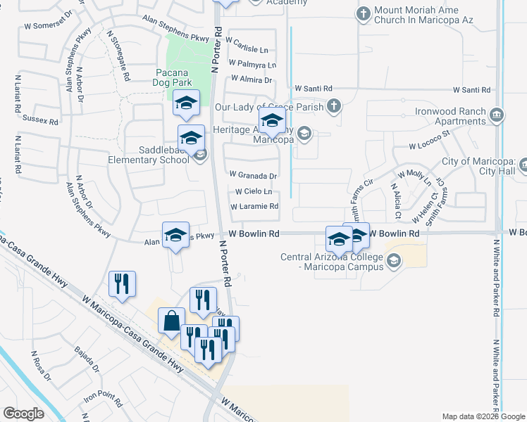 map of restaurants, bars, coffee shops, grocery stores, and more near 41261 West Laramie Road in Maricopa