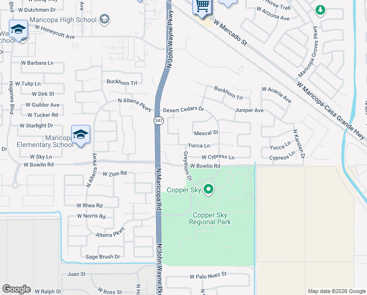map of restaurants, bars, coffee shops, grocery stores, and more near 44479 Yucca Lane in Maricopa