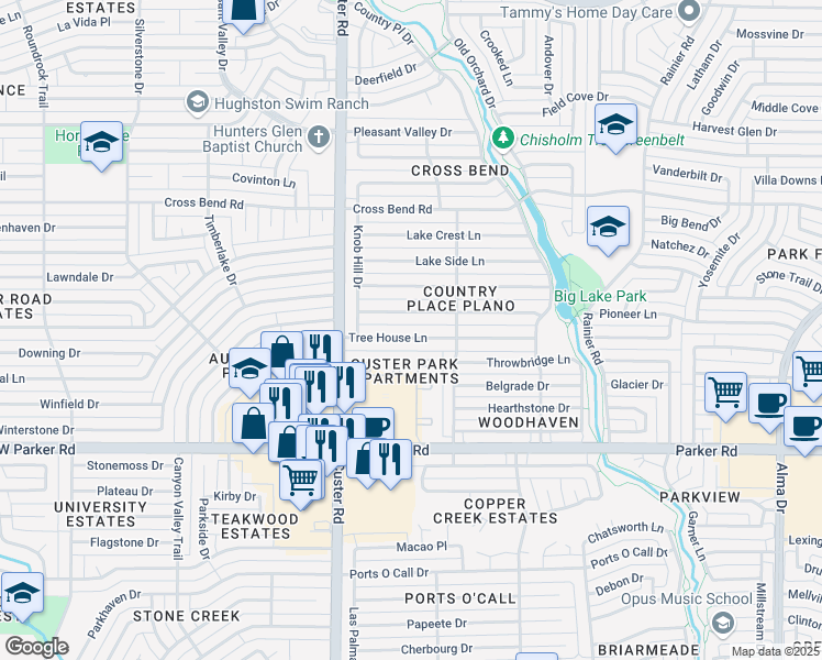 map of restaurants, bars, coffee shops, grocery stores, and more near 1905 Tree House Lane in Plano