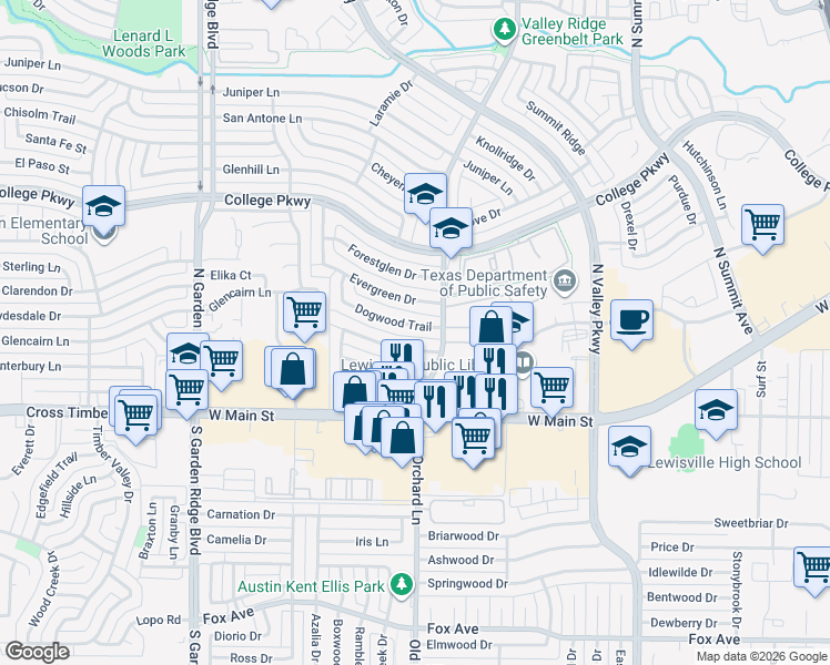 map of restaurants, bars, coffee shops, grocery stores, and more near 1334 Dogwood Trail in Lewisville