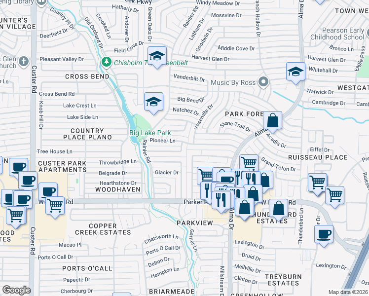 map of restaurants, bars, coffee shops, grocery stores, and more near 1306 Pioneer Lane in Plano