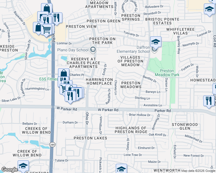 map of restaurants, bars, coffee shops, grocery stores, and more near 4605 Saxon Drive in Plano