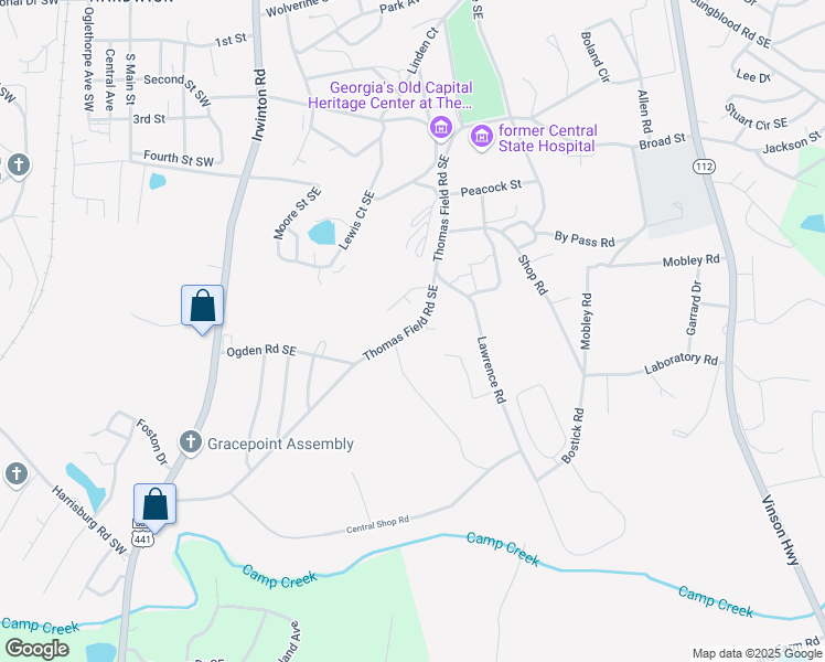 map of restaurants, bars, coffee shops, grocery stores, and more near 352 Thomas Field Road in Milledgeville