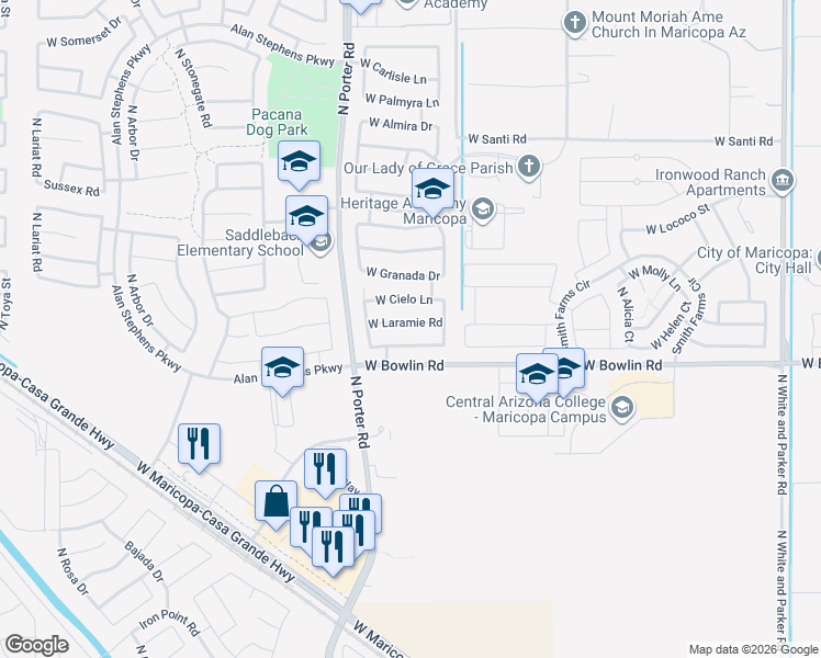 map of restaurants, bars, coffee shops, grocery stores, and more near 41261 West Laramie Road in Maricopa