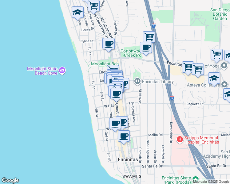 map of restaurants, bars, coffee shops, grocery stores, and more near 105 West D Street in Encinitas