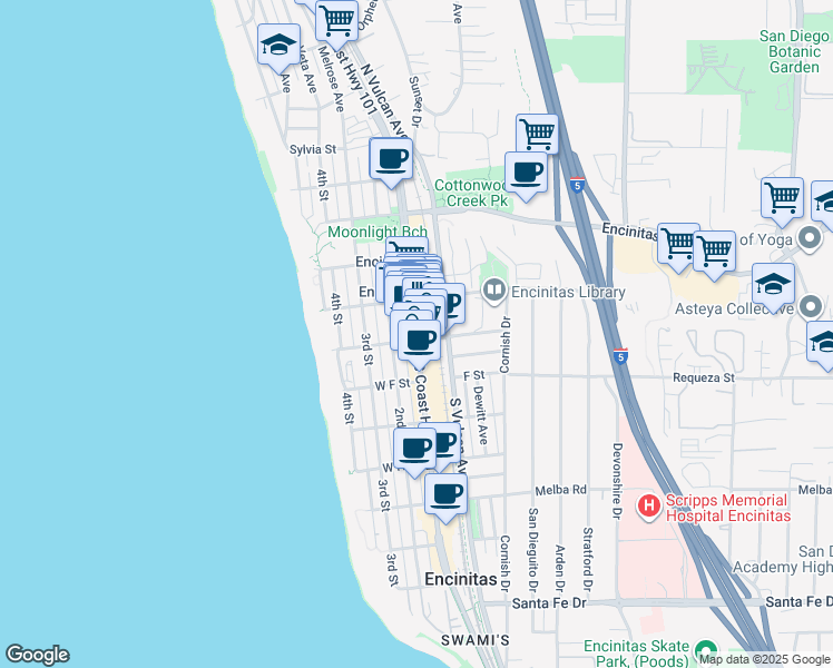 map of restaurants, bars, coffee shops, grocery stores, and more near 105 West D Street in Encinitas